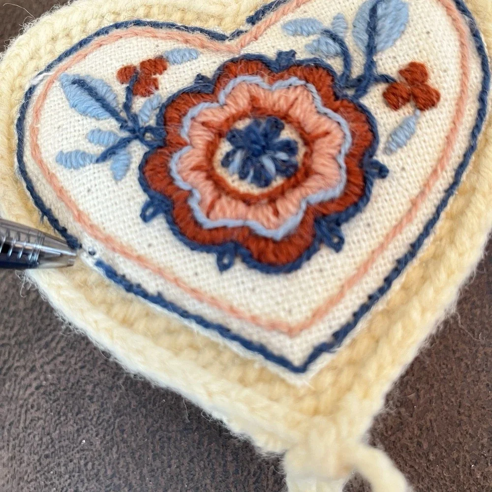 VTG Embroidered Heart Trinket Box Plastic Canvas Crochet Yarn Keepsake Jewelry